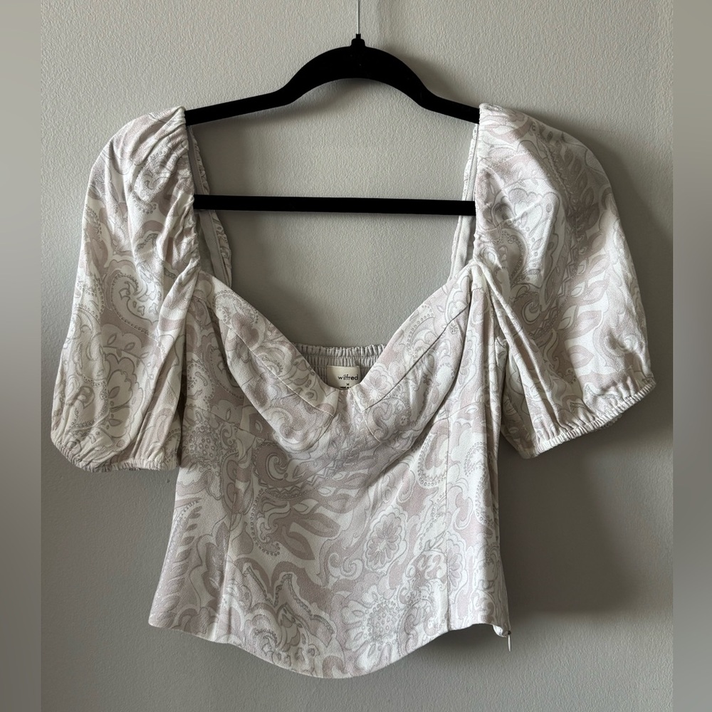 Aritzia Wilfred Cream Patterned Blouse with Puff Sleeves